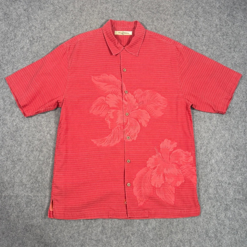 Tommy Bahama Coral Red Silk Striped Hawaiian Short Sleeve Shirt Men's Size Small
